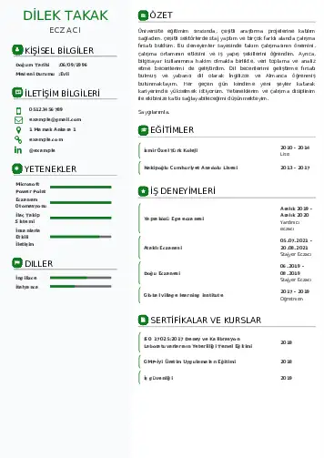 Eczacı CV Örnekleri cv indir